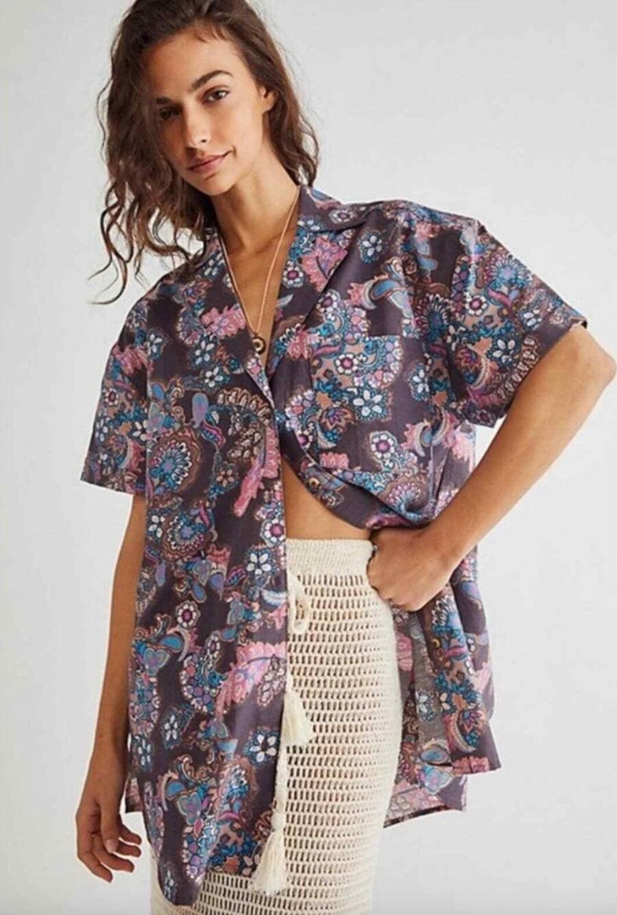 We The Free People Poolside Boyfriend Shirt Cotton Paisley Button-Up Sz S Small
